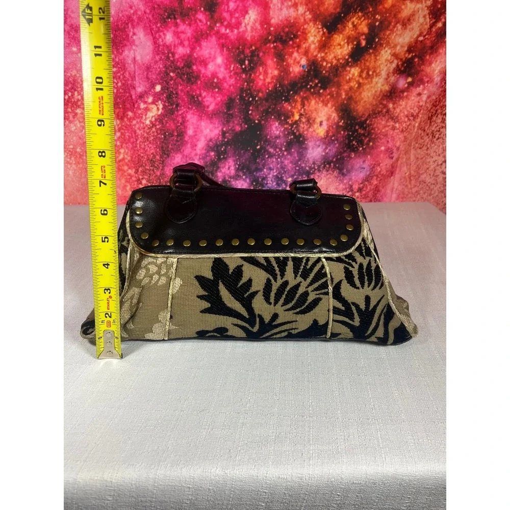 Maggie B Satchel Handbag Olive Green Black Tapestry Floral Studded Faux Leather